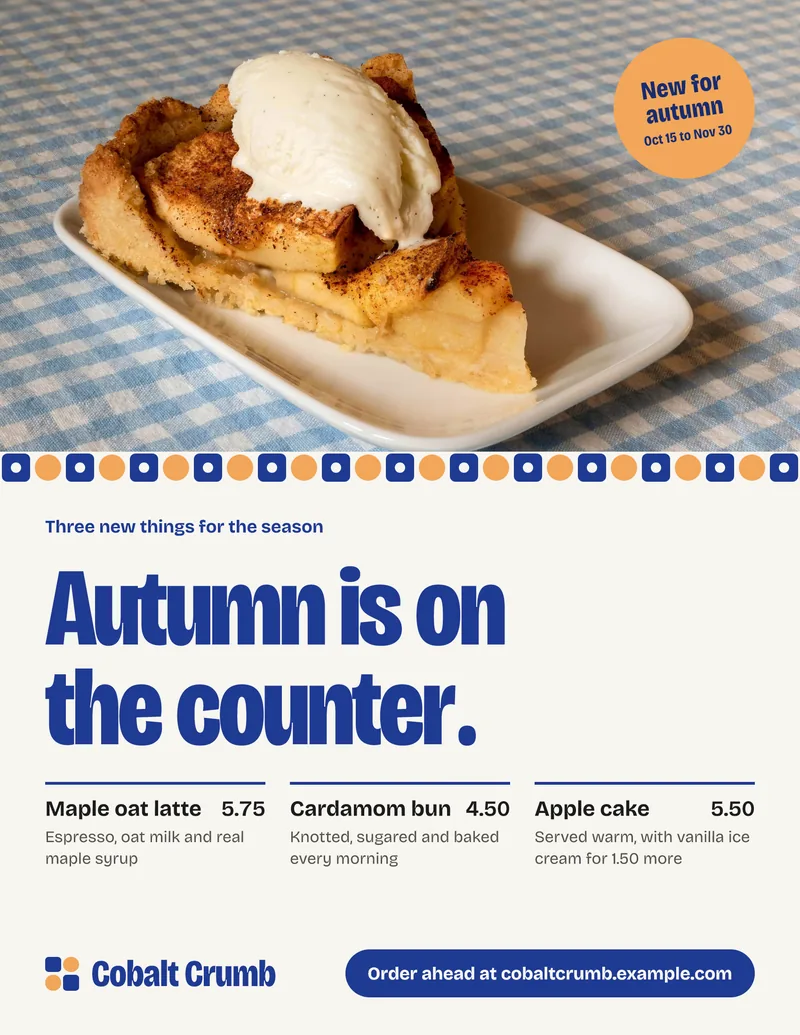 Concept print flyer for the fictional Cobalt Crumb Cafe: a slice of apple cake above the headline Autumn is on the counter, three featured items with prices and an order-ahead button.