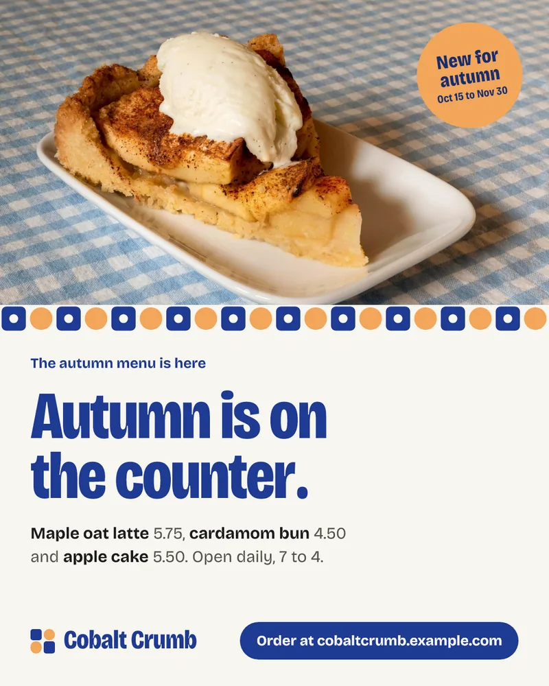 Concept screen version of the Cobalt Crumb Cafe autumn flyer, re-set for a 4:5 social image with the same photo and headline.