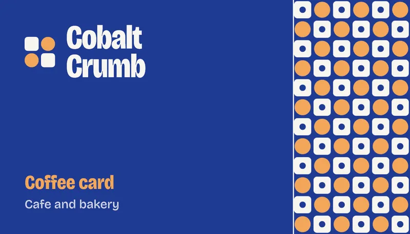 Concept loyalty card front for the fictional Cobalt Crumb Cafe: the wordmark and Coffee card on cobalt beside a wall of square and round tiles.