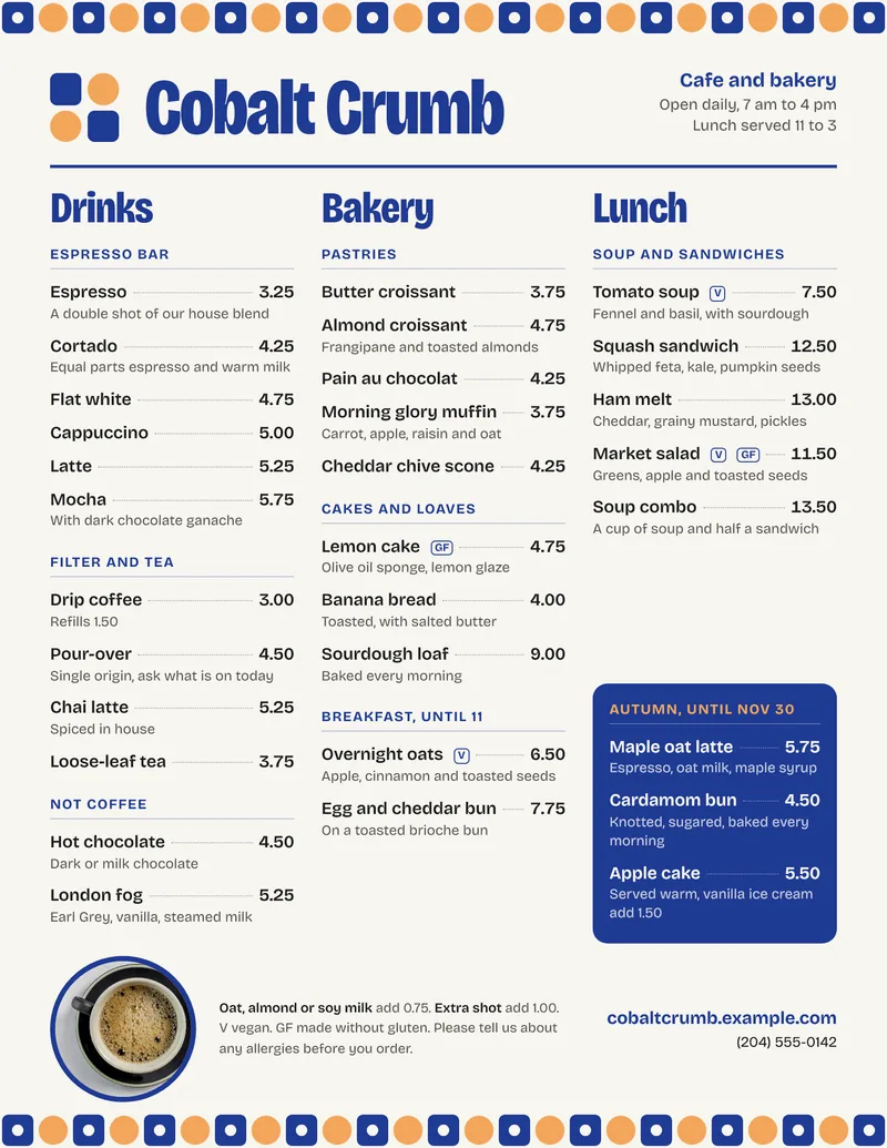Concept menu for the fictional Cobalt Crumb Cafe: drinks, bakery and lunch columns on warm paper, with a cobalt and apricot tile border and an autumn specials panel.