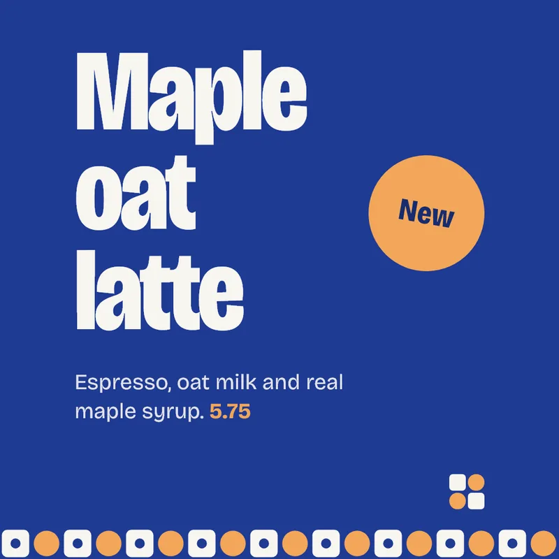 Concept square post for Cobalt Crumb Cafe: Maple oat latte in large paper-coloured type on cobalt, with an apricot New sticker and the price.