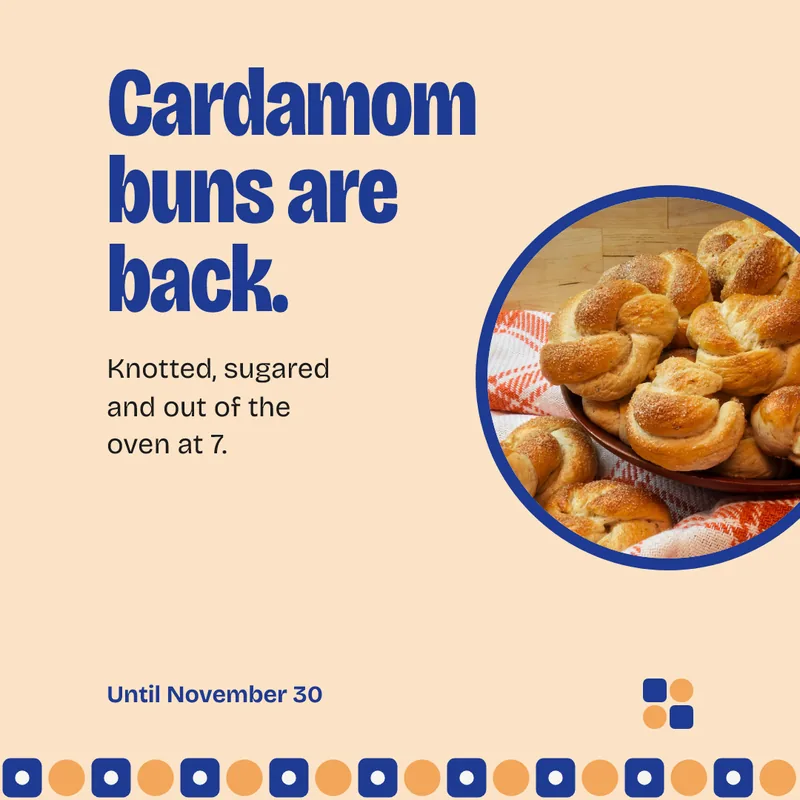 Concept square post for Cobalt Crumb Cafe: Cardamom buns are back, beside a round photo of knotted buns on a red check cloth.