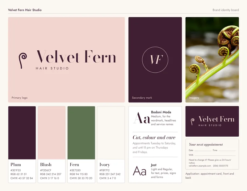 Concept brand board for the fictional Velvet Fern Hair Studio: a koru logo with a Didone wordmark on blush, a VF monogram on plum, a fern photo, four colour swatches, type samples and an appointment card.