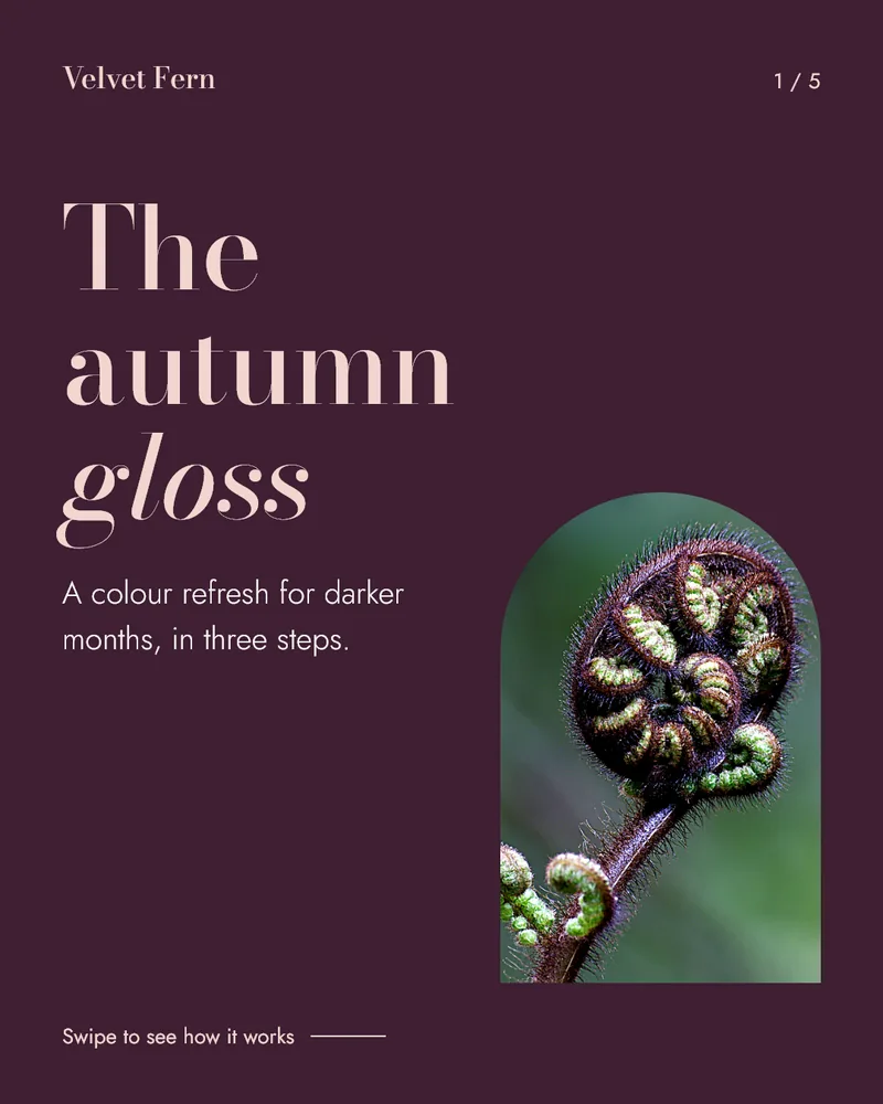 Concept carousel cover for the fictional Velvet Fern Hair Studio: The autumn gloss in large serif type on plum beside an arched photo of a fiddlehead.