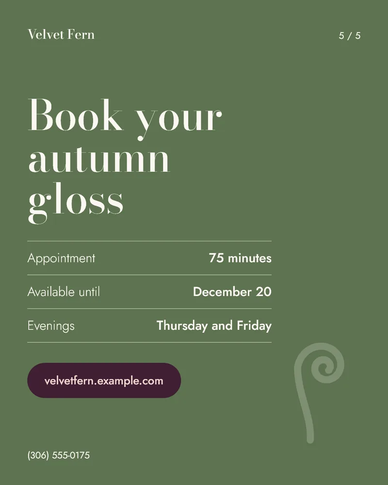 Concept carousel slide 5 for Velvet Fern: Book your autumn gloss on fern green, with the appointment length, dates, evening hours and the booking address.