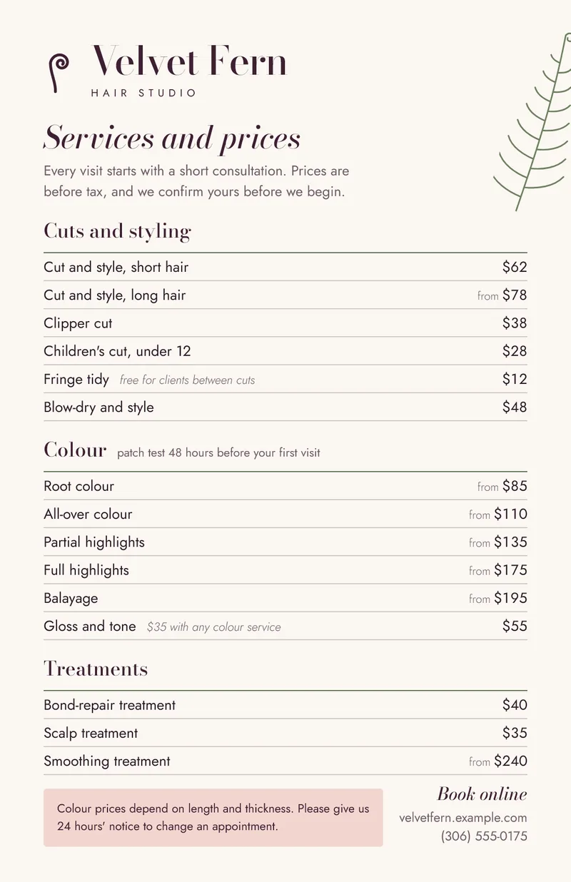 Concept price list for the fictional Velvet Fern Hair Studio: cuts and styling, colour and treatments in ruled rows with prices in Canadian dollars on ivory.