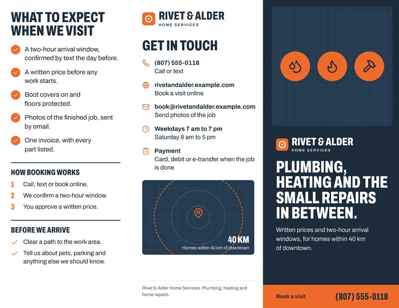 Concept tri-fold brochure outside for the fictional Rivet & Alder Home Services: what to expect when we visit, contact details with a service-area map, and a navy cover with plumbing, heating and repair icons and an orange phone bar.