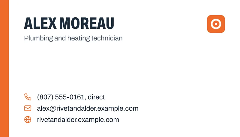 Concept business card back for Rivet & Alder: the fictional technician Alex Moreau, plumbing and heating technician, with his direct line, email and web address.