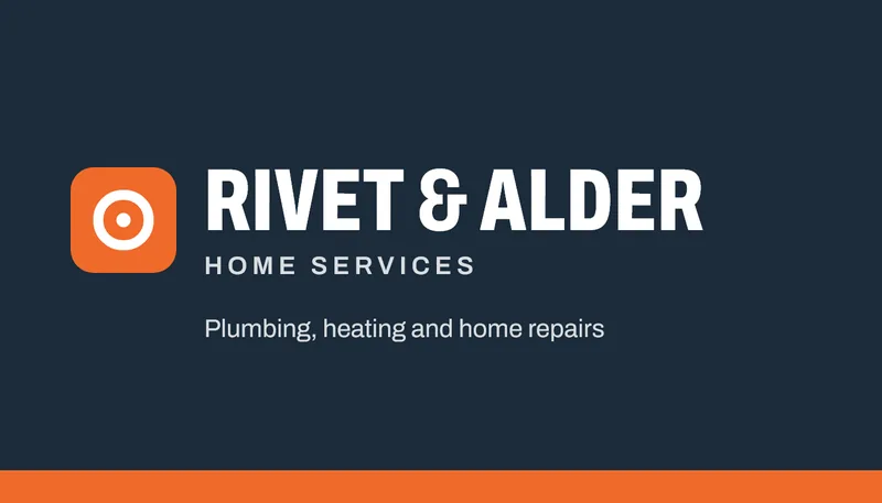 Concept business card front for the fictional Rivet & Alder Home Services: an orange rivet mark and condensed wordmark on navy with an orange edge.