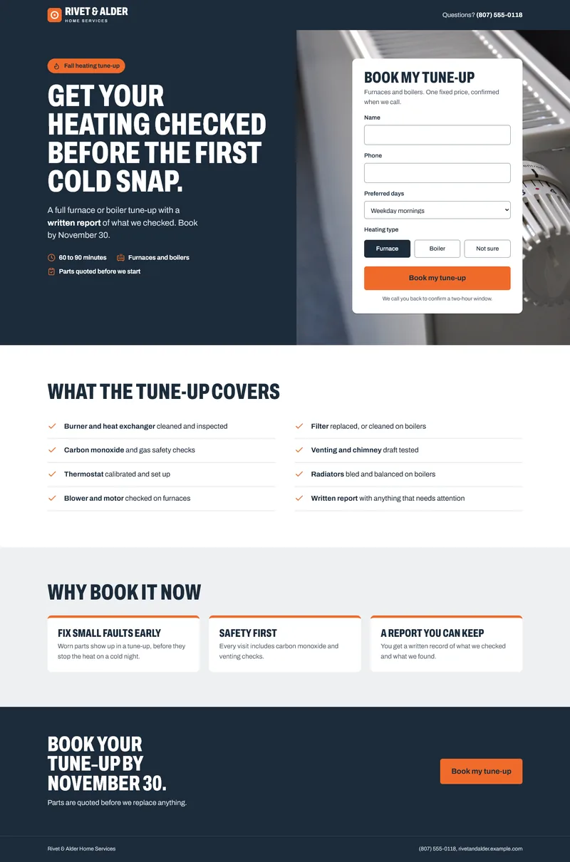 Concept landing page for a fictional Rivet & Alder heating tune-up at desktop width: the headline beside a booking form over a radiator photo, a checklist and reasons to book.