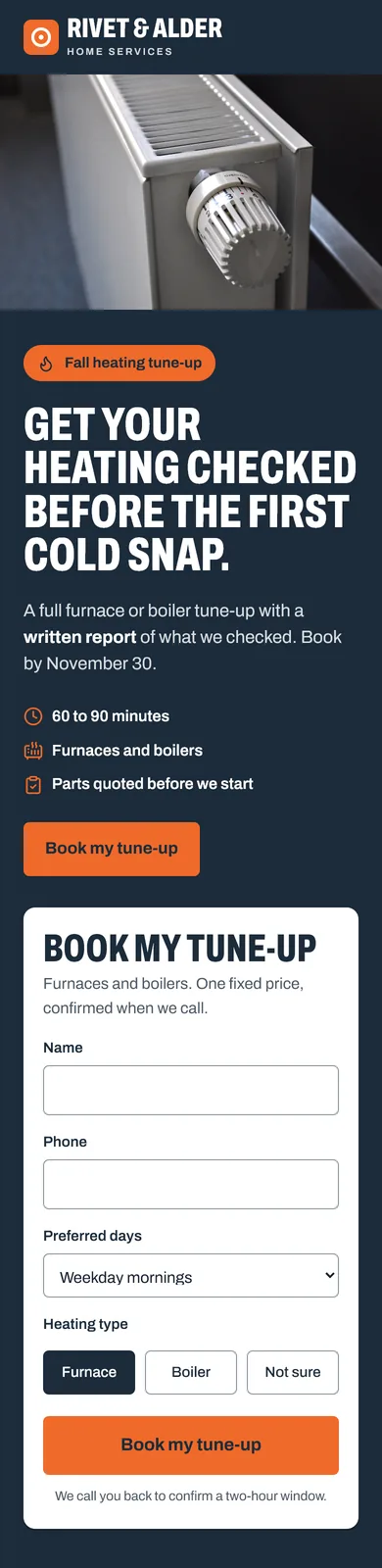 The Rivet & Alder heating tune-up page at phone width, with the booking form under the headline. The whole page continues in the full-size image.
