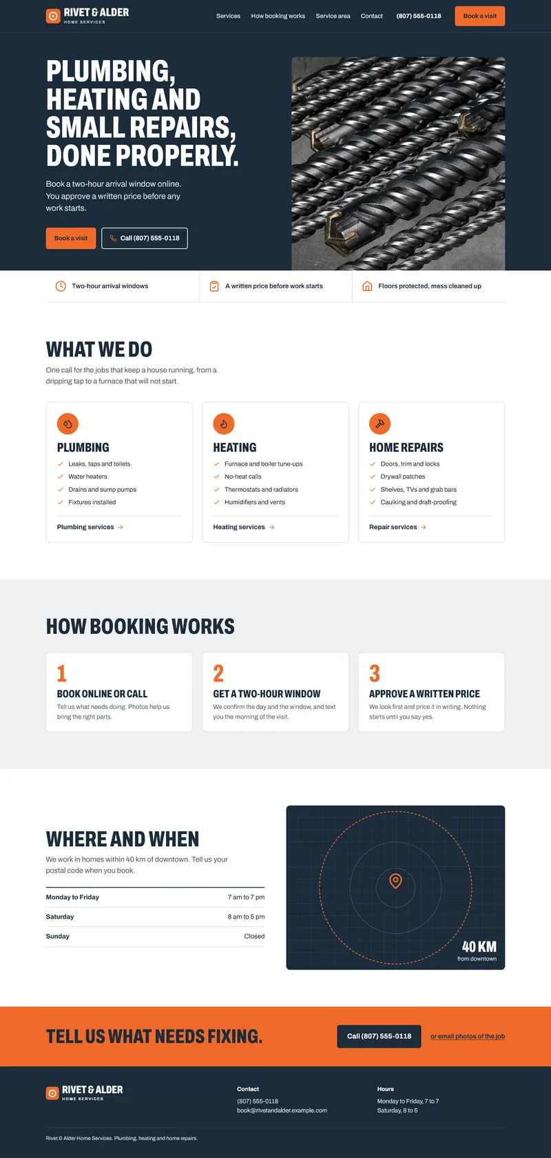 Concept homepage for the fictional Rivet & Alder Home Services at desktop width: navy opening with a photo of drill bits and a booking button, three service cards, booking steps, a service-area map with hours and an orange closing band.