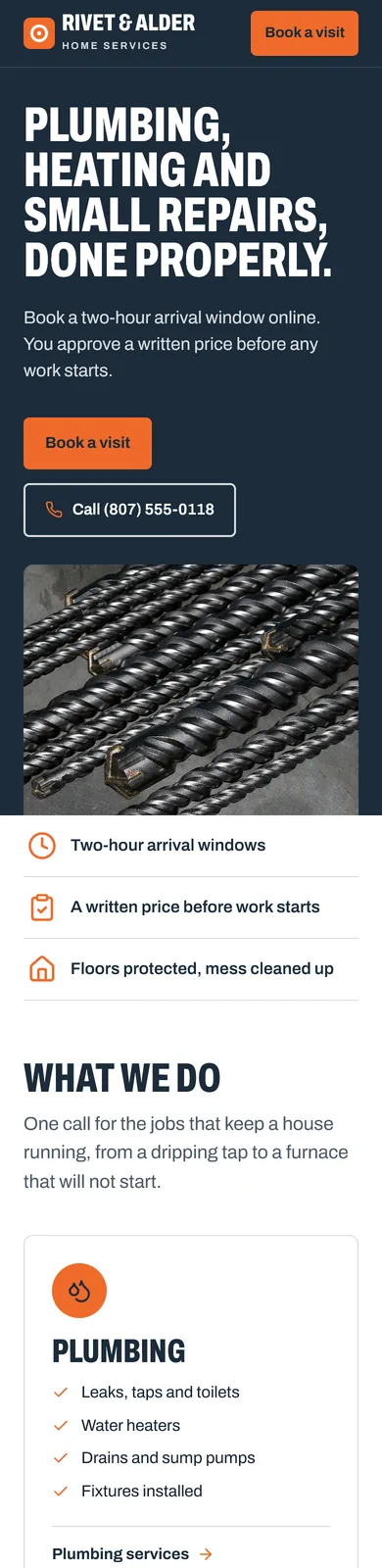 The Rivet & Alder homepage at phone width, with the same sections in one column. The whole page continues in the full-size image.